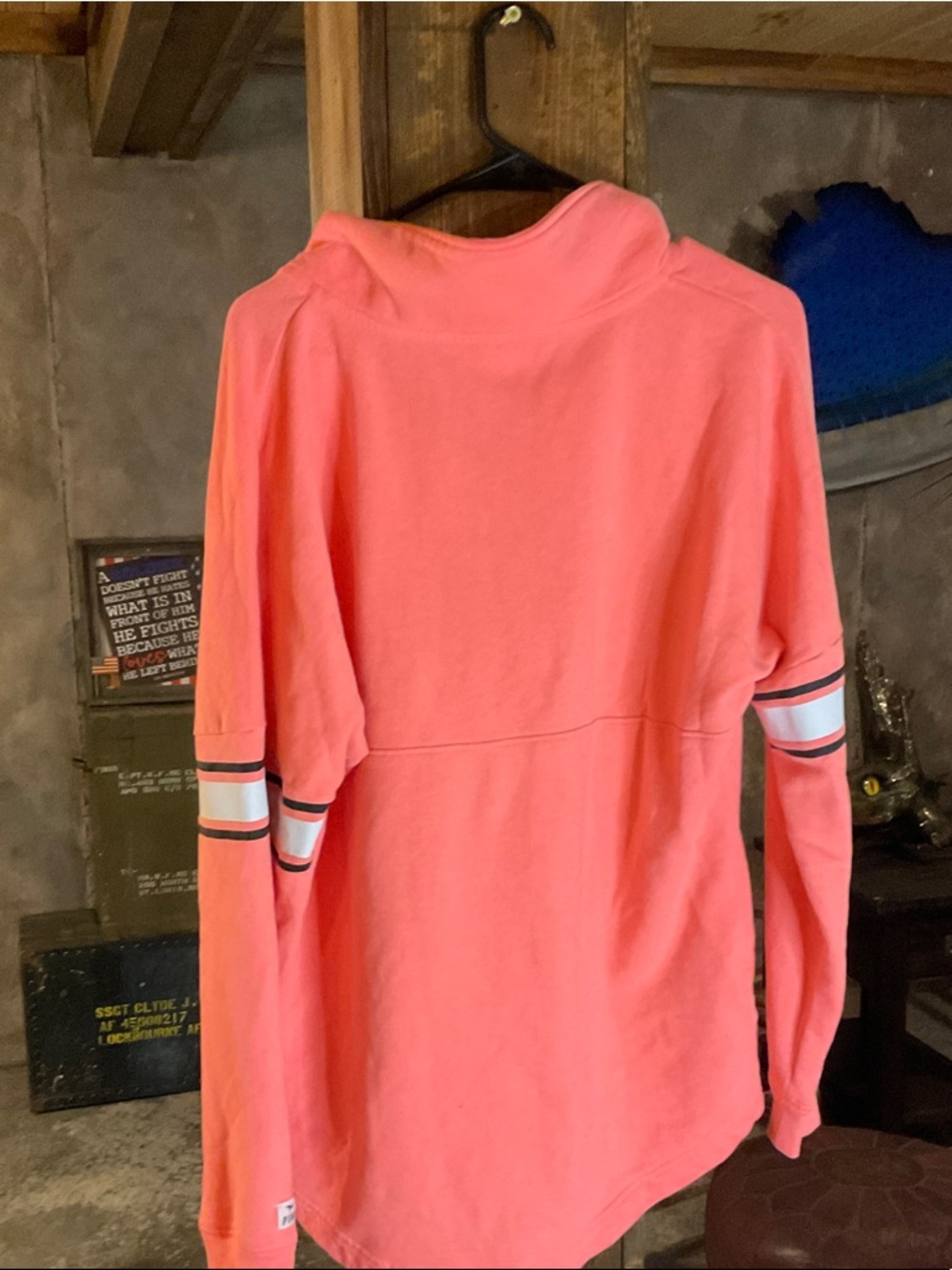 PINK Victoria's Secret Coral Half-Zip Pullover with White & Black Sleeve Stripes - Picture 6 of 6